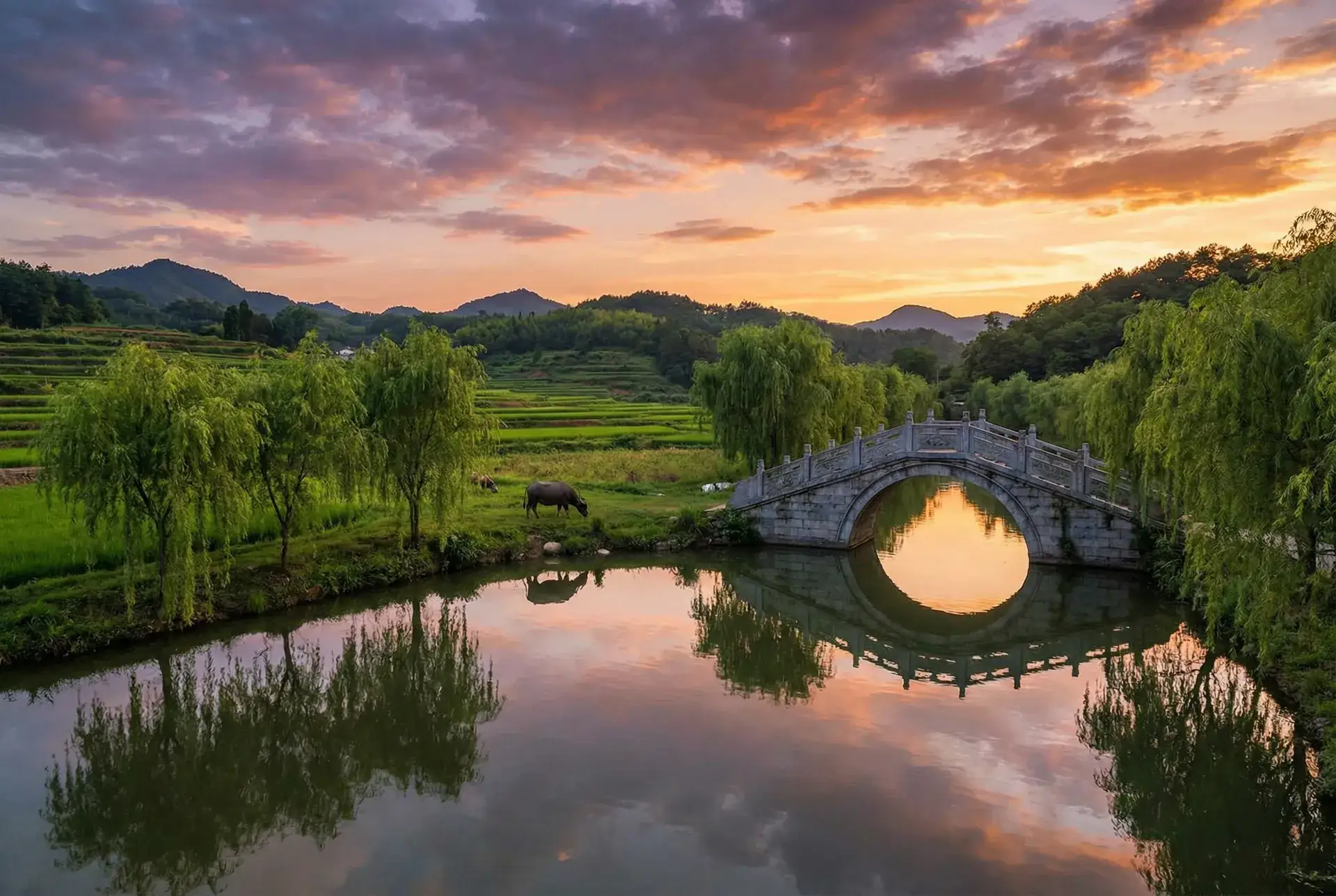夕阳下的石拱桥与垂柳，水牛在河边吃草 - 穿普拉达的女王在线观看 乡村美景
